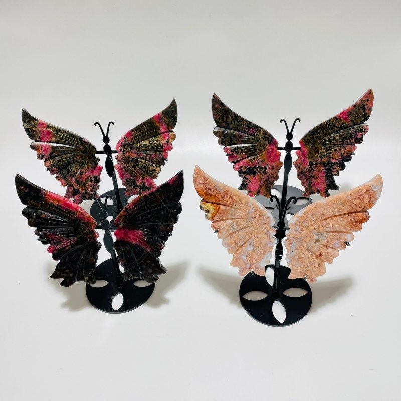 4 Pairs Symmetry Butterfly Wing Carving With Stand Pink Agate Rhodonite -Wholesale Crystals