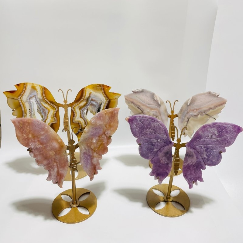 4 Pieces Butterfly Carving With Stand Lepidolite Pink Amethyst -Wholesale Crystals