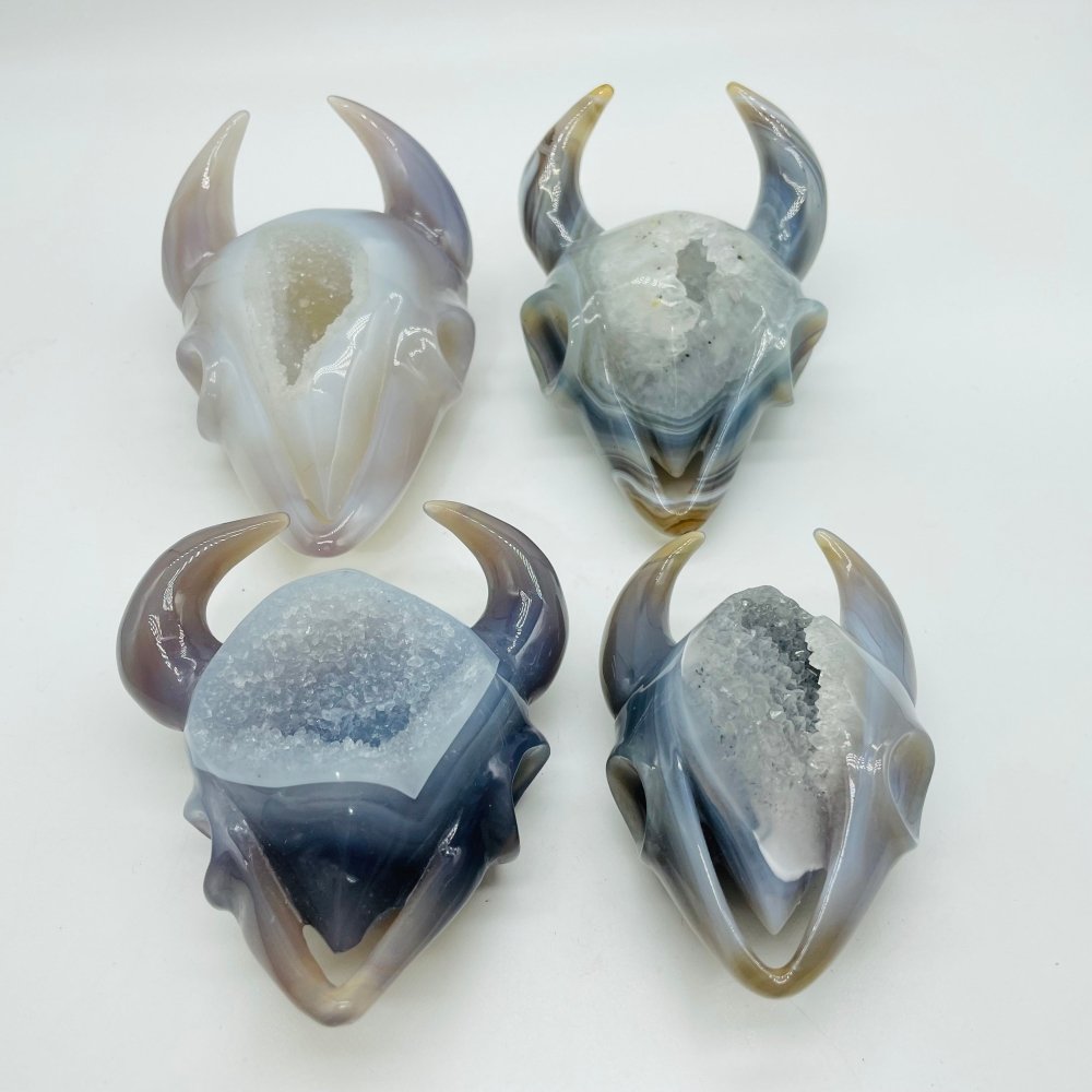 4 Pieces Geode Druzy Agate Cow Head Skull Carving -Wholesale Crystals