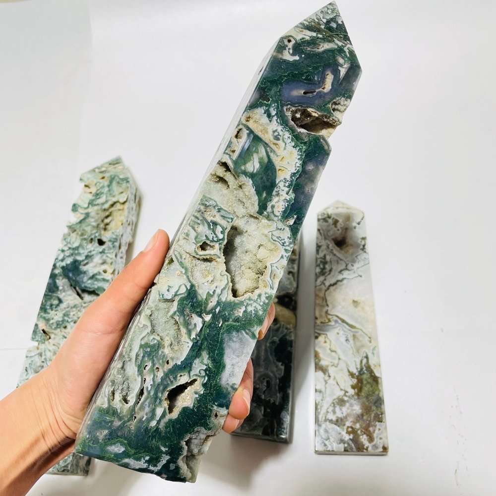 4 Pieces Geode Druzy Moss Agate Four-Sided Points -Wholesale Crystals