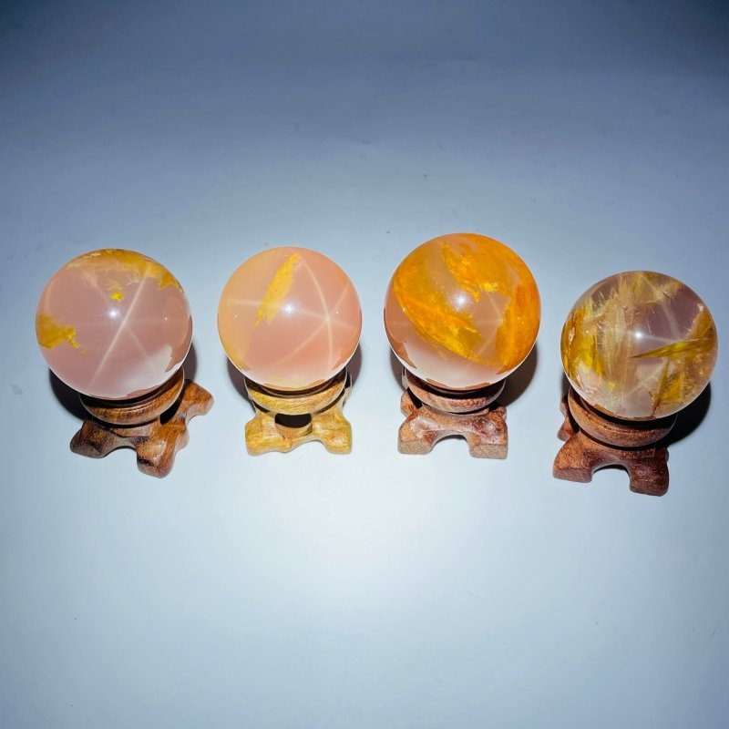 4 Pieces Six Star Line Rose Quartz Rabbit Hair Rutile Spheres -Wholesale Crystals