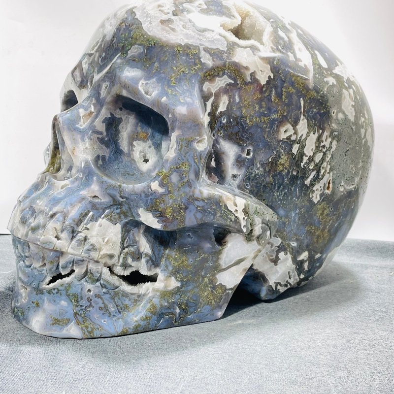 45.8kg Large Geode Druzy Moss Agate Skull Carving -Wholesale Crystals