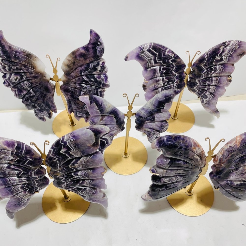 5 Pairs Large High Quality Chevron Amethyst Butterfly Carving With Stand -Wholesale Crystals