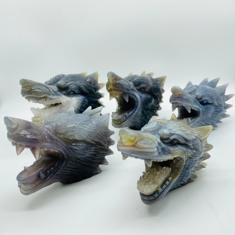 5 Pieces High Quality Geode Agate Wolf Head Carving -Wholesale Crystals