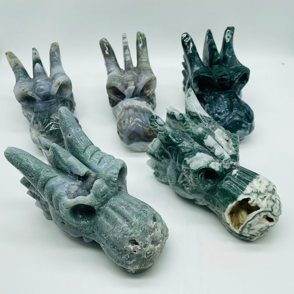 5 Pieces High Quality Geode Moss Agate Dragon Head Carving -Wholesale Crystals