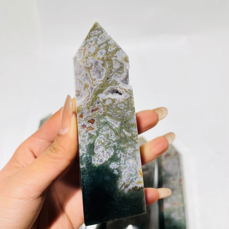 6 Pieces Large Four-Sided Unique Druzy Moss Agate Tower -Wholesale Crystals