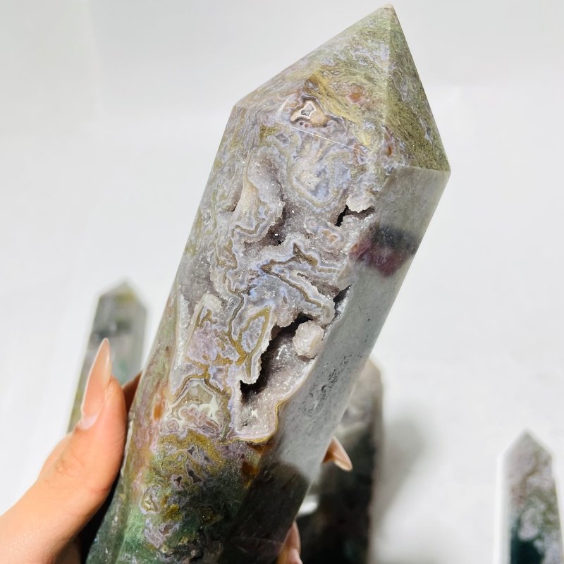 6 Pieces Large Four-Sided Unique Druzy Moss Agate Tower -Wholesale Crystals