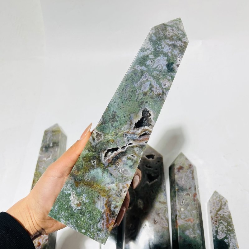 6 Pieces Large Four-Sided Unique Druzy Moss Agate Tower -Wholesale Crystals