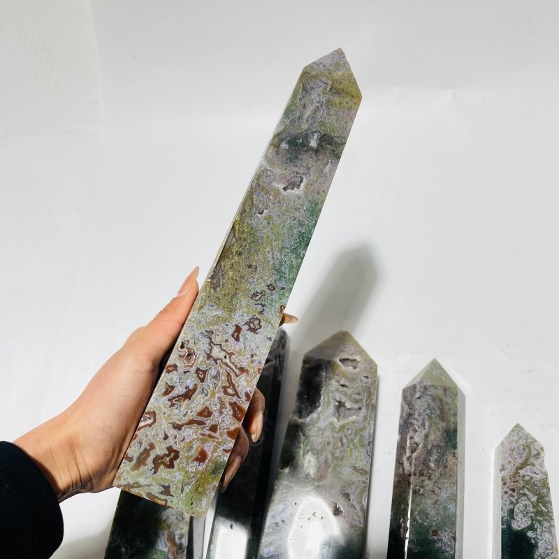 6 Pieces Large Four-Sided Unique Druzy Moss Agate Tower -Wholesale Crystals