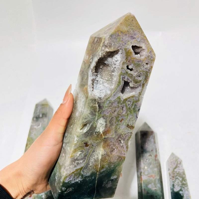 6 Pieces Large Four-Sided Unique Druzy Moss Agate Tower -Wholesale Crystals