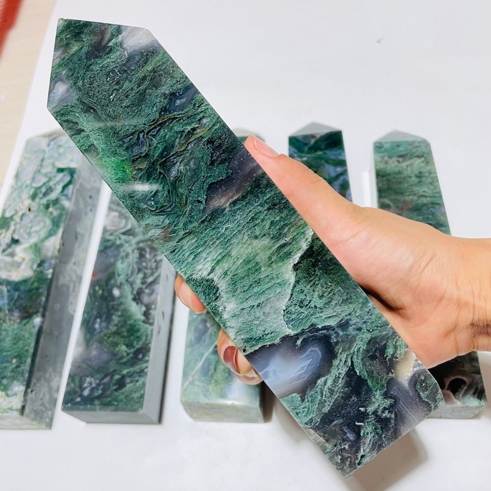 6 Pieces Large Moss Agate Four-Sided Tower Points -Wholesale Crystals