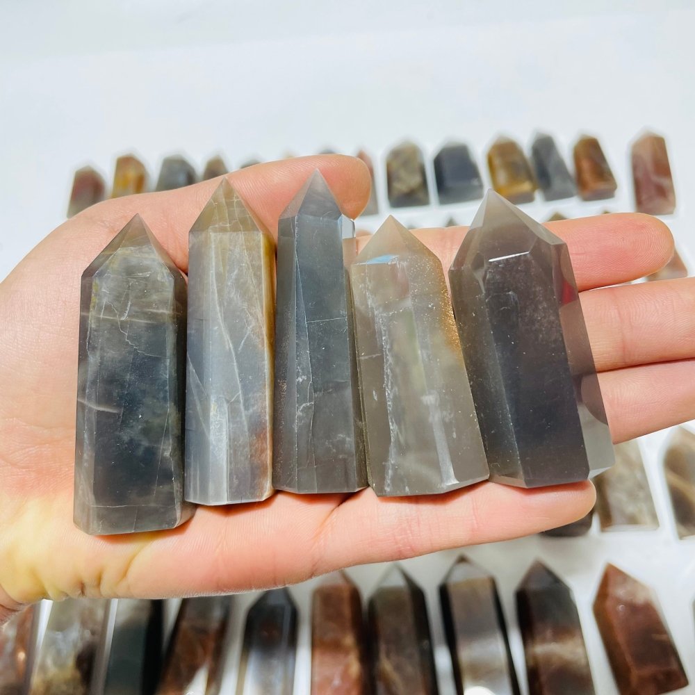 64 Pieces Black Rainbow Sun Stone With Hematite Points -Wholesale Crystals