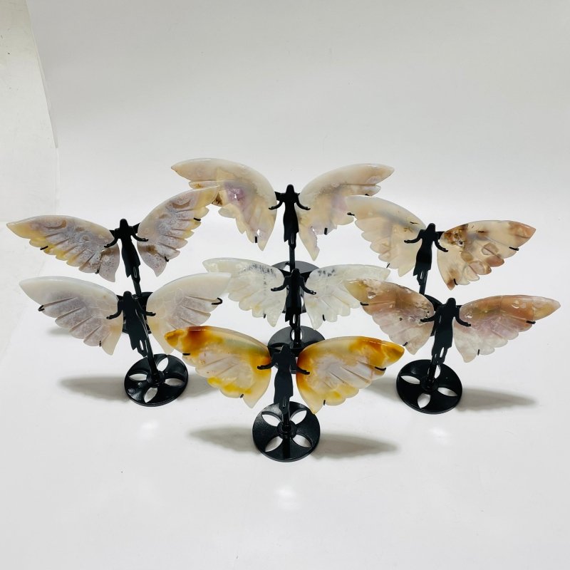 7 Pairs Sakura Flower Agate Small Angel Wing Carving With Stand -Wholesale Crystals