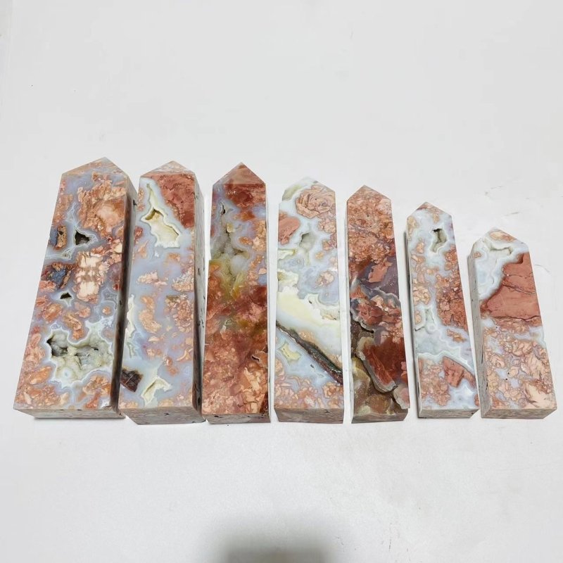 7 Pieces High Quality Druzy Geode Pink Flower Agate Four-sided Tower 6-8.6in -Wholesale Crystals