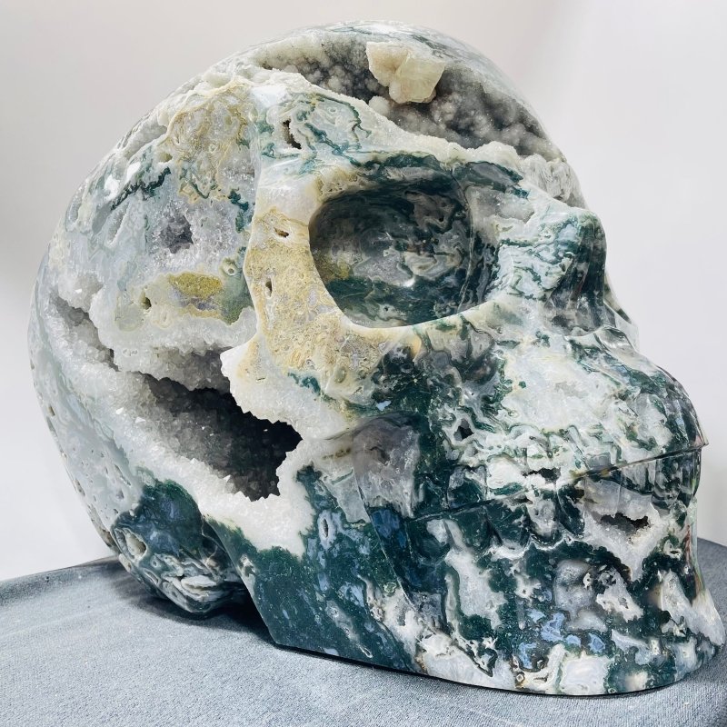 71.8kg Very Large Geode Druzy Moss Agate Skull Carving 20Inch -Wholesale Crystals