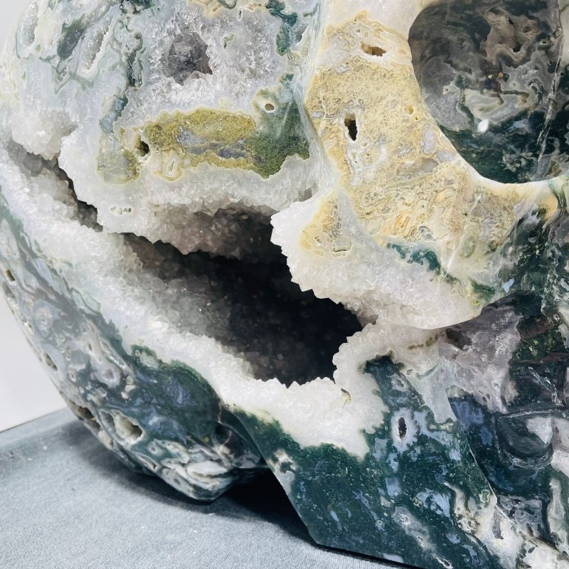 71.8kg Very Large Geode Druzy Moss Agate Skull Carving 20Inch -Wholesale Crystals