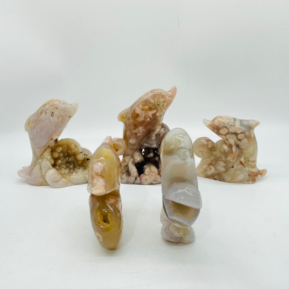 5 Pieces Sakura Flower Agate Geode Dolphin Carving -Wholesale Crystals