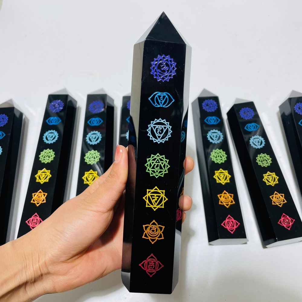 8 Pieces Large 7 Chakras Black Obsidian Tower -Wholesale Crystals