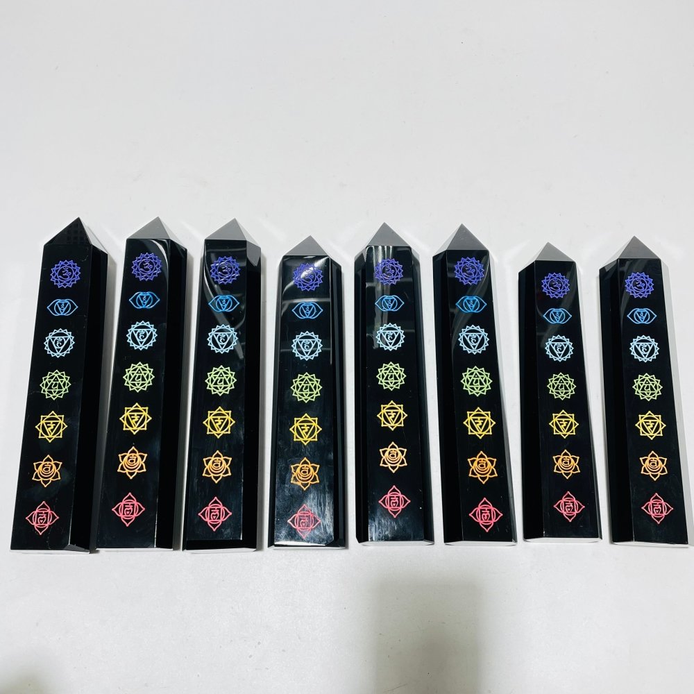 8 Pieces Large 7 Chakras Black Obsidian Tower -Wholesale Crystals