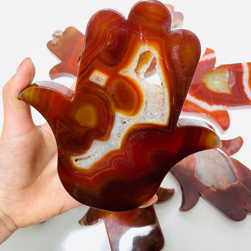8 Pieces Large Carnelian Geode Hamsa Hand Carving -Wholesale Crystals