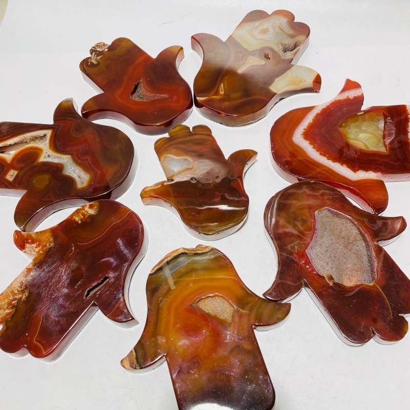 8 Pieces Large Carnelian Geode Hamsa Hand Carving -Wholesale Crystals