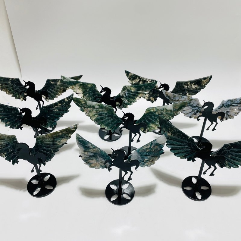 9 Pairs Moss Agate Small Pegasus Wing Carving With Stand -Wholesale Crystals