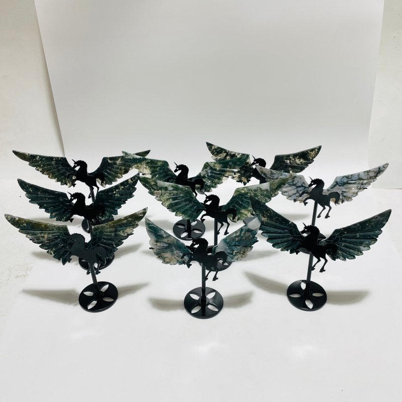 9 Pairs Moss Agate Small Pegasus Wing Carving With Stand - Wholesale Crystals