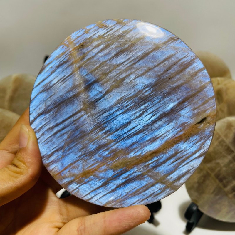 9 Pieces Blue Moonstone Round Plate Home Decoration With Plastic Base -Wholesale Crystals