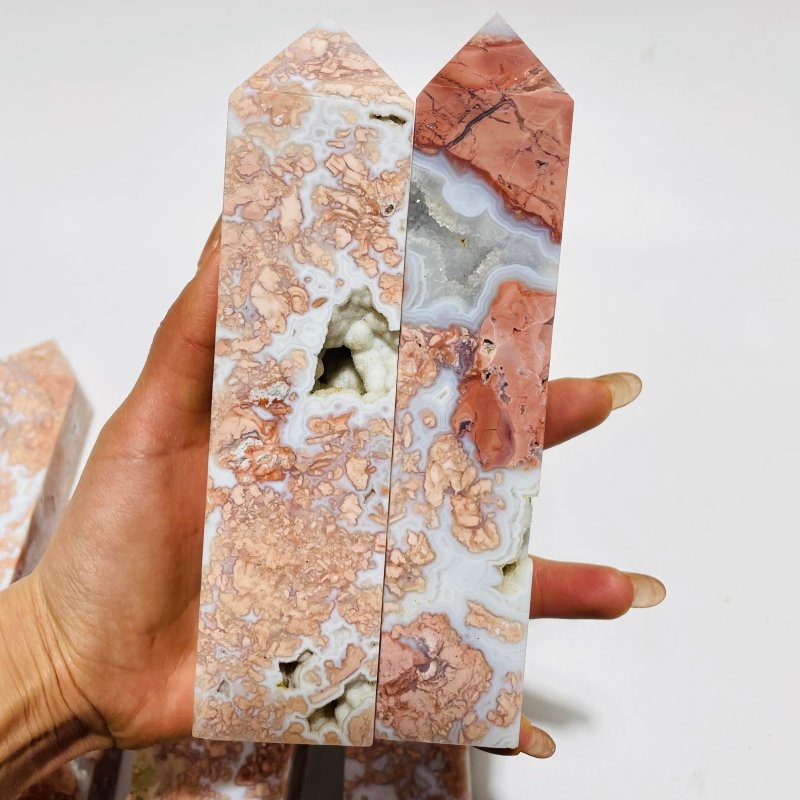 9 Pieces High Quality Pink Flower Agate Druzy Geode Four-sided Tower -Wholesale Crystals