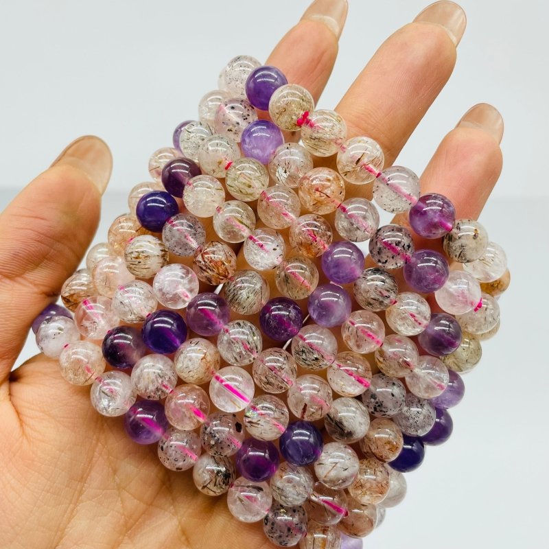 Amethyst Mica Rutile Quartz Mixed Beads Bracelet Wholesale 5pcs