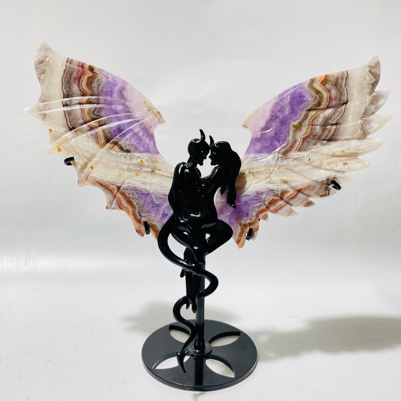 Amethyst Mixed Striped Agate Demon And Angel Wing Carving With Stand -Wholesale Crystals