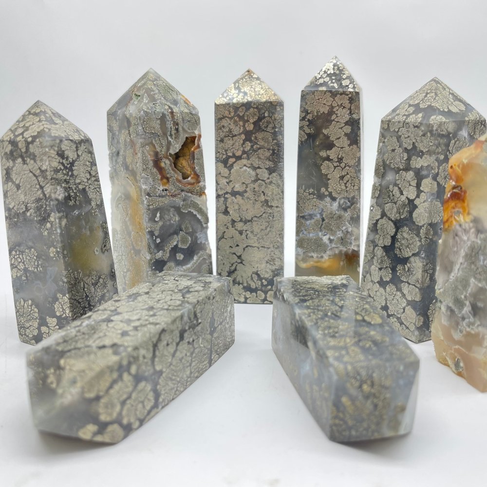 Flower Pyrite Mixed Agate Four-Sided Tower Point Wholesale -Wholesale Crystals
