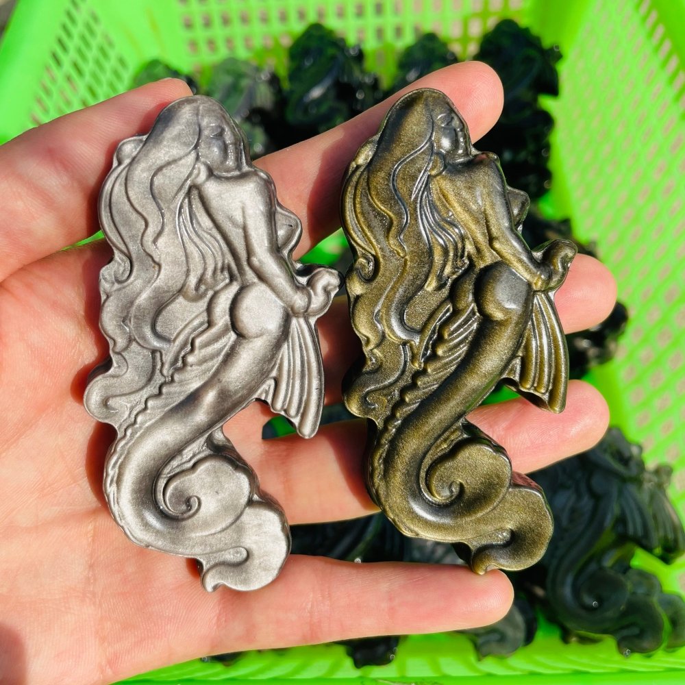 Gold&Silver Sheen Obsidian Mermaid Carving Wholesale -Wholesale Crystals