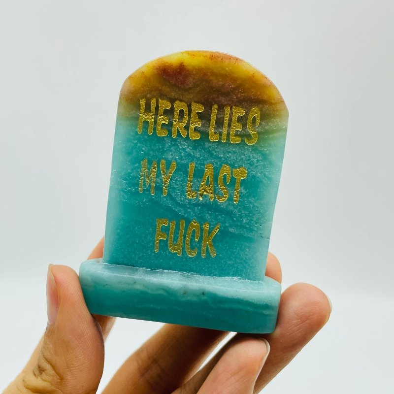 (Here Lies My Last Fuck Tomb Stone Funny)Caribbean Calcite Shape Carving Wholesale -Wholesale Crystals