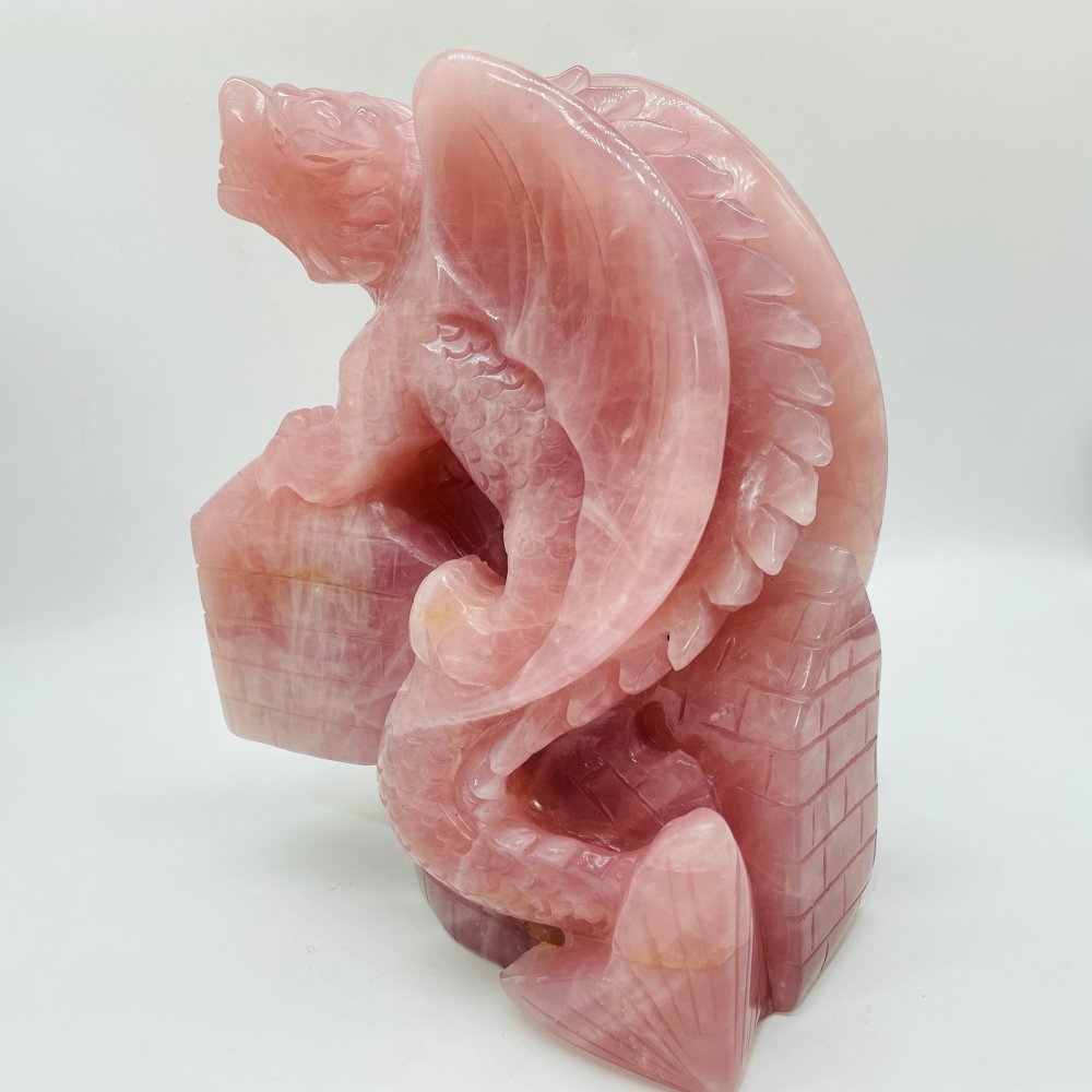 Large Unique Madagascar Rose Quartz Dragon With Castle Carving -Wholesale Crystals