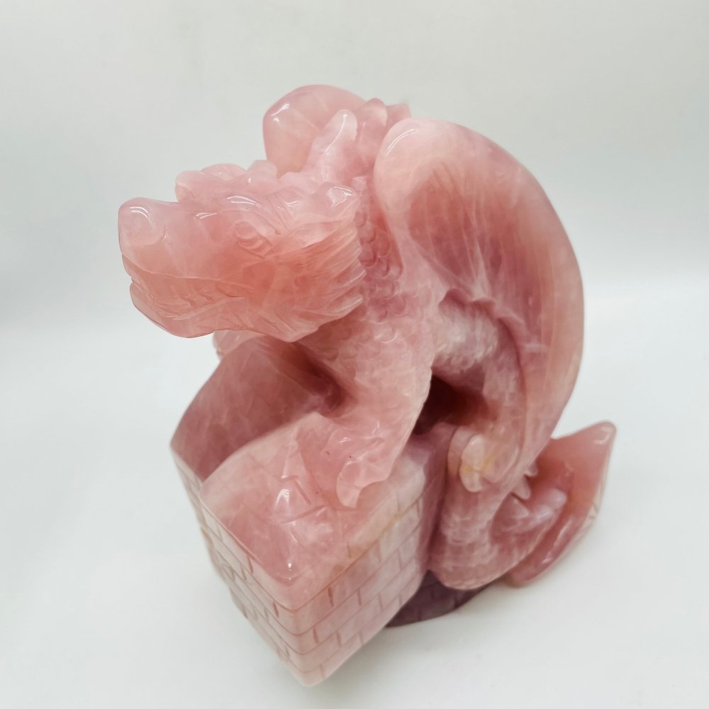 Large Unique Madagascar Rose Quartz Dragon With Castle Carving -Wholesale Crystals