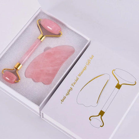 Rose Quartz Roller and Shofar Shape Gua Sha A Set Wholesale -Wholesale Crystals
