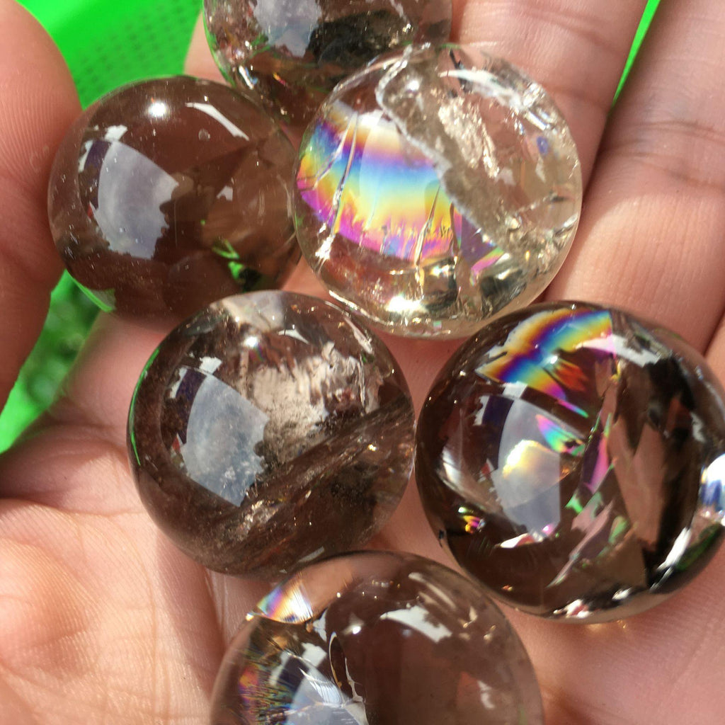 small smoking quartz spheres with rainbow -Wholesale Crystals
