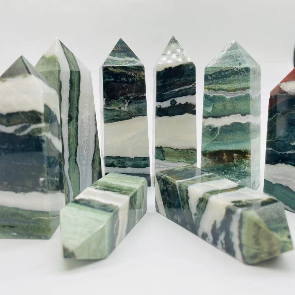Stripe Moss Agate Mixed Quartz Four-Sided Tower Point Wholesale -Wholesale Crystals