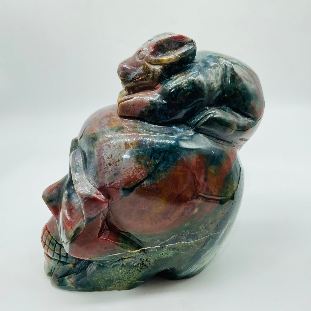 Unique Ocean Jasper Skull With Rabbit Carving -Wholesale Crystals