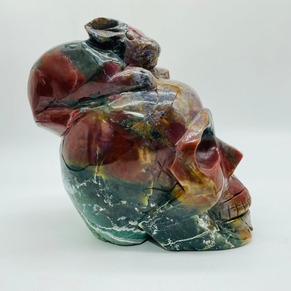 Unique Ocean Jasper Skull With Rabbit Carving -Wholesale Crystals